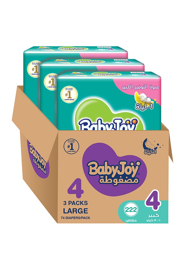 BabyJoy Compressed Diamond Pad Diaper, Size 4, Large, 10-18 Kg, Giant Box, 222 Diapers - Image 1
