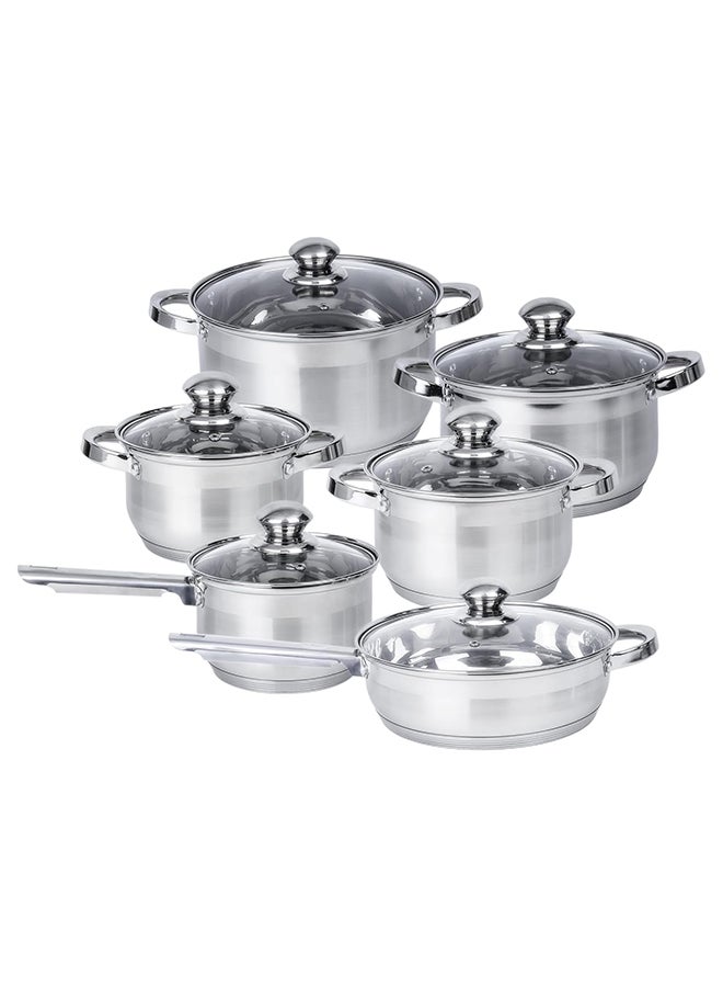 Wilson - 12-Piece Stainless Steel Durable Material Induction Compatible Base Cookware Set Includes 1xCasserole(22x11 cm),1xCasserole(24x12.5 cm),1xCasserole(26x12.8 cm),1xCasserole(18x9.5 cm) 1xSaucepan(33x8 cm),1xFry Pan(24x6 cm),6xLid Stainless Steel - Image 1