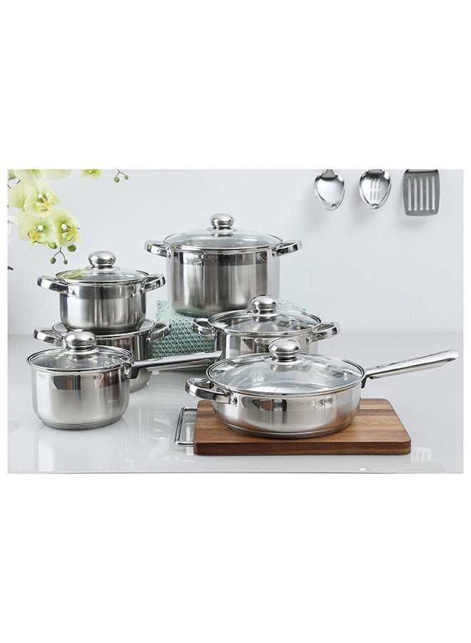 Wilson - 12-Piece Stainless Steel Durable Material Induction Compatible Base Cookware Set Includes 1xCasserole(22x11 cm),1xCasserole(24x12.5 cm),1xCasserole(26x12.8 cm),1xCasserole(18x9.5 cm) 1xSaucepan(33x8 cm),1xFry Pan(24x6 cm),6xLid Stainless Steel - Image 1