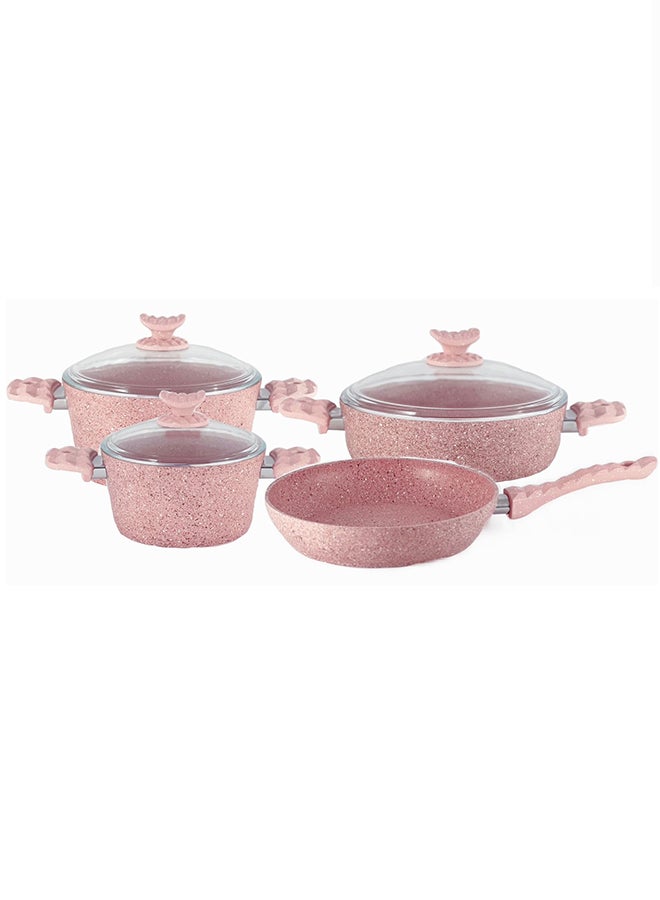 7-Pieces Nature Granitec Cookware Set - Non-Stick Surface - Bakelite Handles & Knobs - PFOA Free - Includes 20cm / 2.8 Lt Deep Pot, 24cm / 4.35 Lt Deep Pot, 26cm / 5 Lt Low Pot, 26cm /3.5 Lt Frypan, Tempered Glass Lids Pink Casserole (20,24), Low Casserole (26), Frying Pan (26)cm 