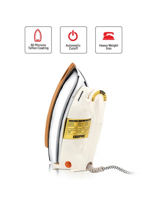 Automatic Dry Iron | Iron Box with Temperature Settings Dial and Auto Shut Off Function| Super Deluxe Heavy Weight Iron Box, Suitable for All Kinds of Fabric| Equipped with Teflon Coating 2.5 kg 1200 W GDI23011 White/Silver/Gold