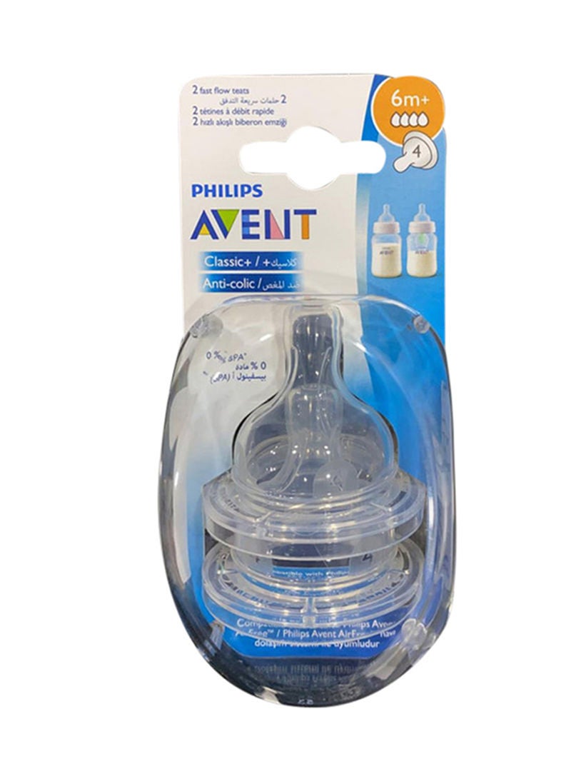 PHILIPS AVENT - Set Of 2 Fast Flow Anti Colic Classic Plus Teats 4 Hole For 6 Months + Baby - Clear, Scf634, 27 - Image 1