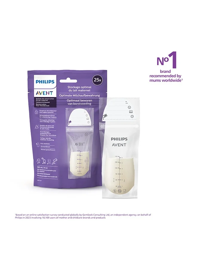 Philips Avent Breast Milk Bags 6Oz/180Ml| 25Pcs | No.1 Brand Recommended By Moms Worldwide - Packaging May Vary
