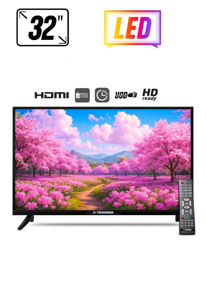 Toshiro 32 Inch HD ready LED TV, Slim LED TV with Remote Control, TRO32LED | HDMI & USB Ports, AV Mode, Head Phone Jack, PC Audio In, VGA | Dynamic Sound, 60Hz, Model Year 2018, 2 Year Warranty - TRO32LED / TRO32LEDT / TRO32LED -FL Black - Image 1