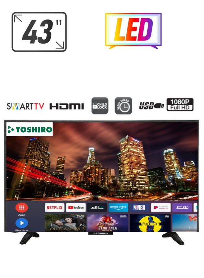 توشيرو تلفزيون ذكي أندرويد مقاس 43 بوصة بدقة كاملة الوضوح ومعدلات تحديث 60 هرتز مع جهاز استقبال مدمج TRO43SLED أسود TRO43SLED أسود - Image 1