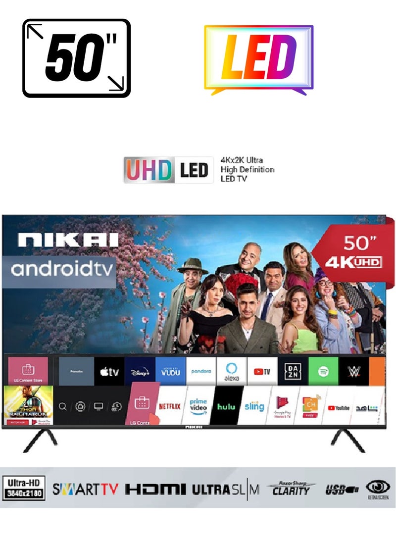 نيكاي تلفزيون LED ذكي بدقة 4K فائق الدقة بنظام Android مقاس 50 بوصة، وذاكرة 4 جيجابايت + جهاز تحكم عن بعد سحري UHD50SLED-FL/UHD5010SLED/UHD50SLEDT1 أسود UHD5010SLED/UHD50SLED/ UHD50SLED- UHD50SLED4/UHD50SLED5 أسود - Image 1