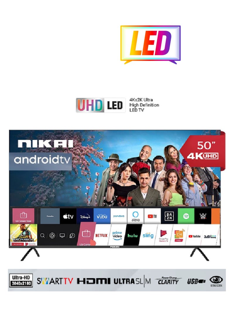 NIKAI 50 Inch 4K UHD Smart LED TV | Android OS | Built-In Wi-Fi And DLNA | Smart Apps including Twitter, Facebook, and Skype | 3 HDMI 2 USB | Quad-Core Processor | 60Hz | Model Year 2018 | 2 Year Warranty- UHD5010SLED/UHD50SLED/ UHD50SLED- UHD50SLED4/UHD50SLED5 Black - Image 1