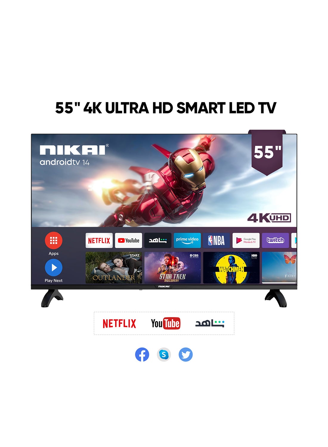 NIKAI 55 Inch 4K UHD Smart Android LED TV | Android OS | Built-In Wi-Fi & DLNA | Smart Apps including Twitter, Facebook, and Skype | 2 HDMI 3 USB | Quad-Core Processor - UHD55SLED / UHD5510SLED Black 