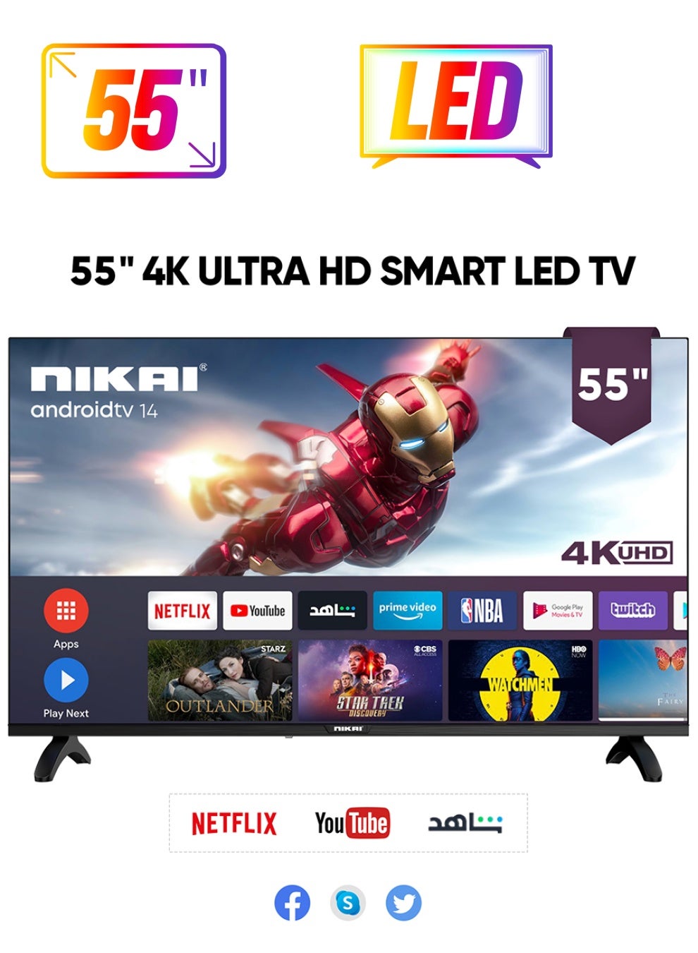 NIKAI 55 Inch 4K UHD Smart Android LED TV | Android OS | Built-In Wi-Fi & DLNA | Smart Apps including Twitter, Facebook, and Skype | 2 HDMI 3 USB | Quad-Core Processor - UHD55SLED / UHD5510SLED Black 