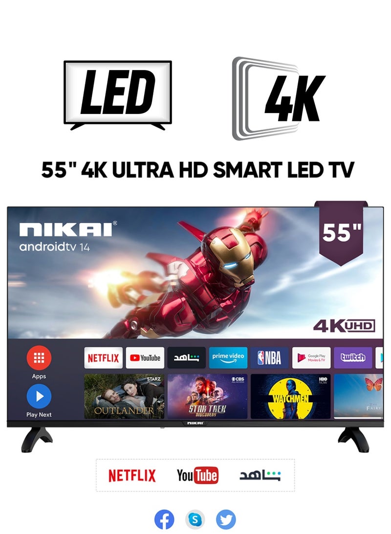 NIKAI 55 Inch 4K UHD Smart Android LED TV | Android OS | Built-In Wi-Fi & DLNA | Smart Apps including Twitter, Facebook, and Skype | 2 HDMI 3 USB | Quad-Core Processor - UHD55SLED / UHD5510SLED Black  - Image 1