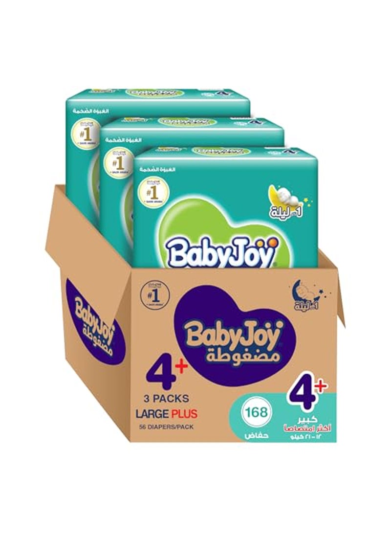 BabyJoy - Compressed Diamond Pad Diaper, Size 4+, Large Plus, 12-21 Kg, Giant Box, 168 Diapers - Image 1