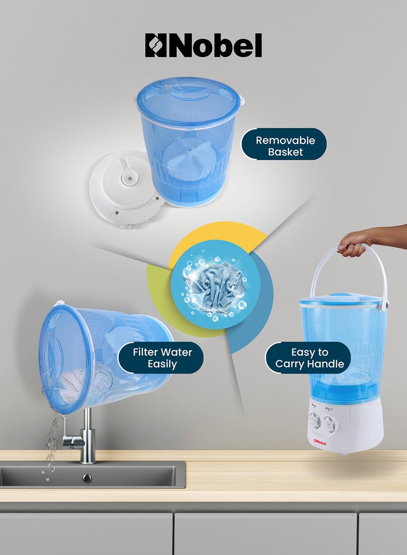 Nobel 2 Kg Portable Baby Washer With Removable Basket, Easy Carry Handle, Copper Motor, Simple Controls, High-Quality IPX4 Plastic, 70W Energy-Efficient 2 kg 70 W 2 kg 70 W NWM22 Blue/White  - Image 3