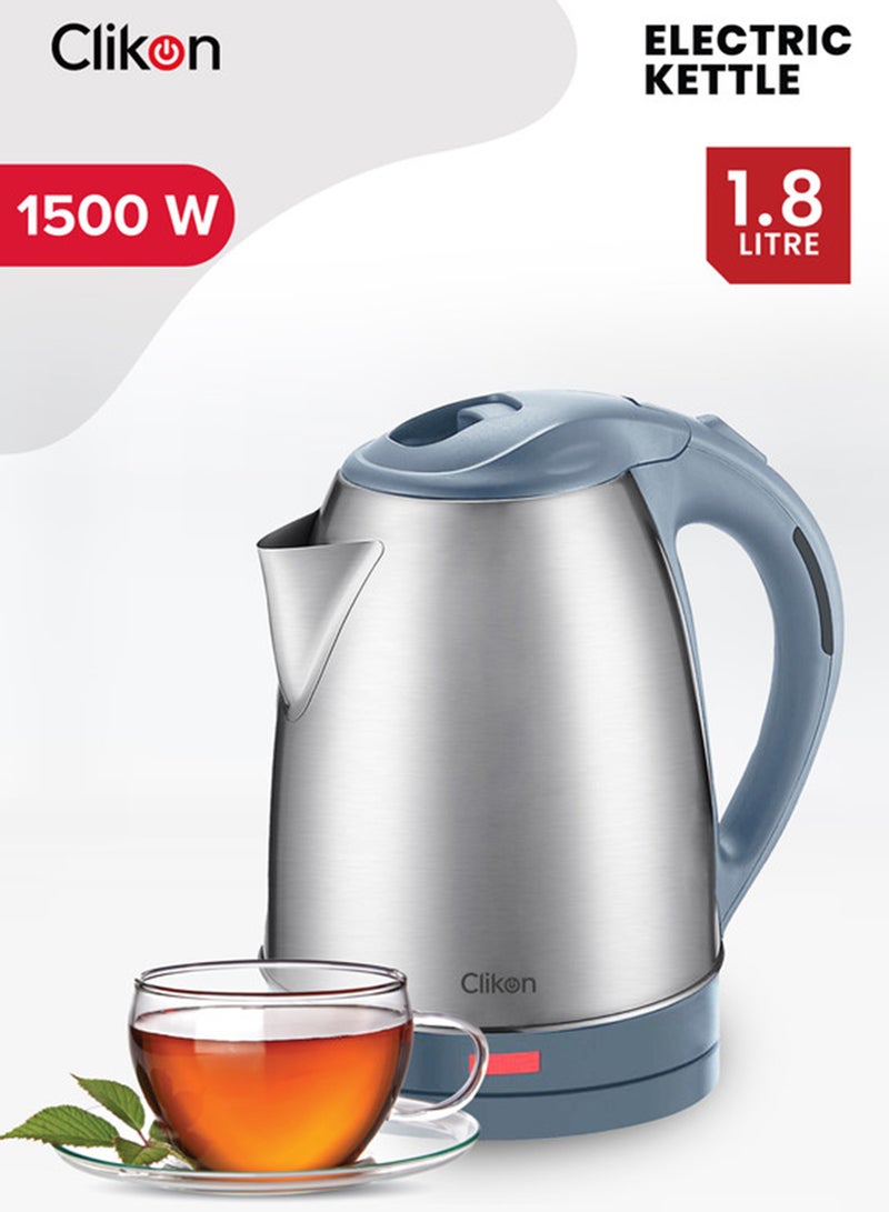Clikon Stainless Steel Electric Cordless Kettle With 360° Swivel Base Power Cord Storage Auto Cut-off Function LED Indicator 2 Years Warranty 1.8 L 1500 W CK5125 Silver/Grey  - Image 1