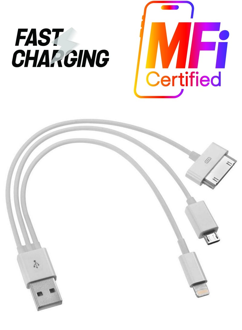 كابل 3 في 1 للتحويل من USB  إلى Lightning وMicro USB والمقبس ذي 30 سناً أبيض
