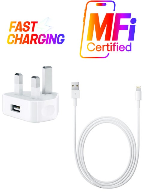 Wall Charger With Lightning To USB Data Sync Charging Cable White