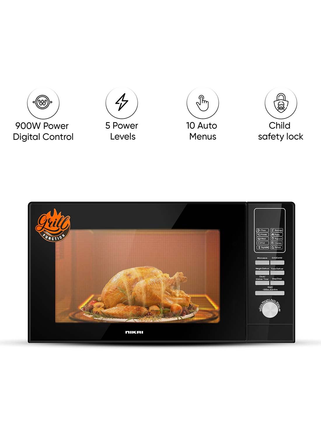 Microwave Oven With Grill Function, Digital Control, Mirror Finish, 5 Power Levels, 10 Auto Menus, Defrost Setting, Cooking End Signal, Push Button Door, Child Lock 25 L 1000 W NMO250MDG Silver 