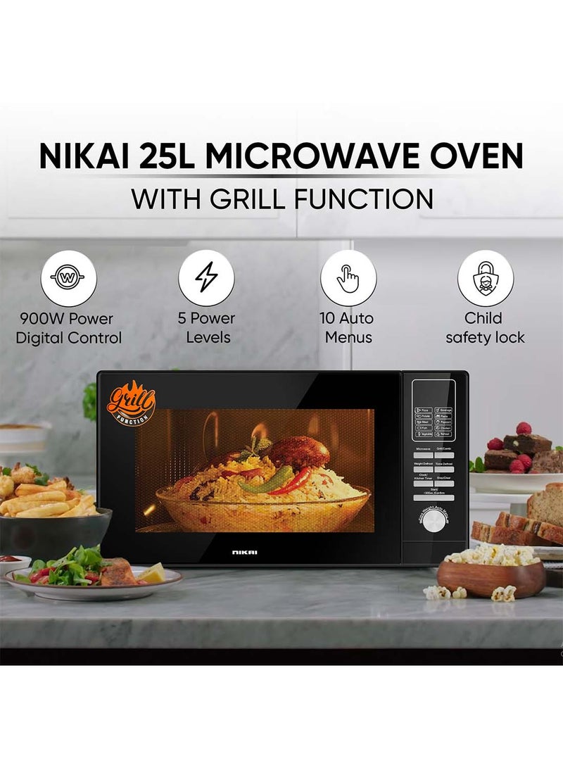 NIKAI - Microwave Oven With Grill Function, Digital Control, Mirror Finish, 5 Power Levels, 10 Auto Menus, Defrost Setting, Cooking End Signal, Push Button Door, Child Lock 25 L 900 W NMO250MDG Silver - Image 1
