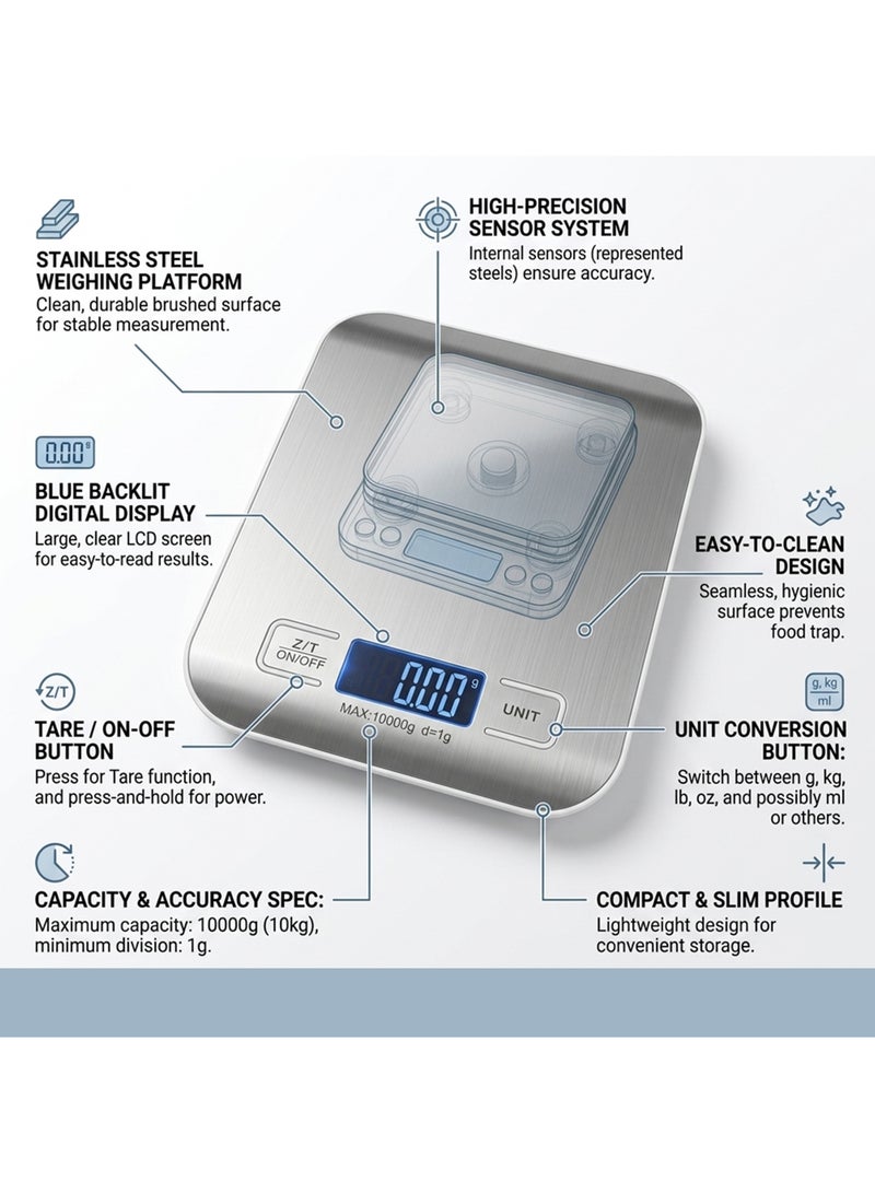 Cuisine Art Digital Kitchen Scale, High-Precision Food Weighing Scale, Stainless Steel Platform, LCD Display for Cooking and Baking, Silver Silver - Image 5