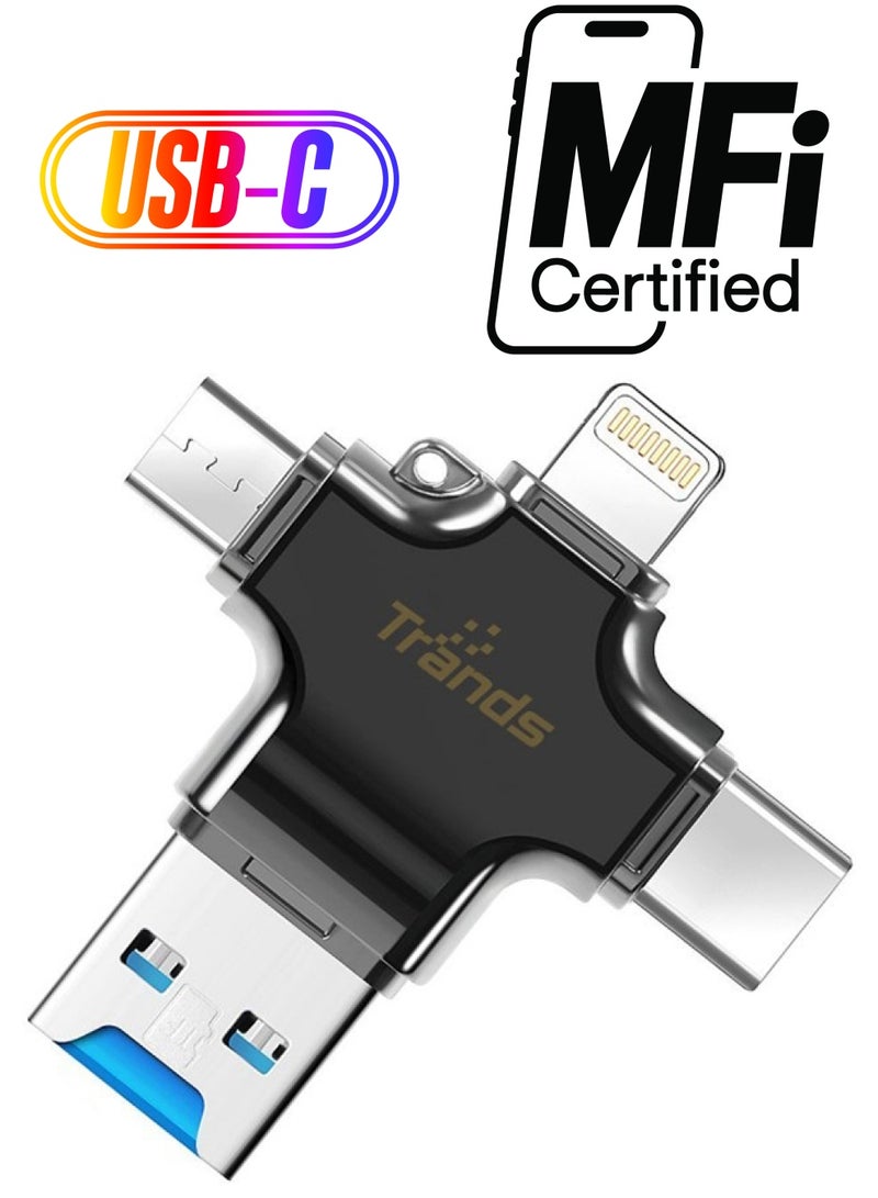 تراندز قارئ بطاقة Micro SD TF بتصميم 4 في 1 مزوّد بمنفذ Micro USB /Type-C /Lightning /USB 3.0 أسود - Image 1