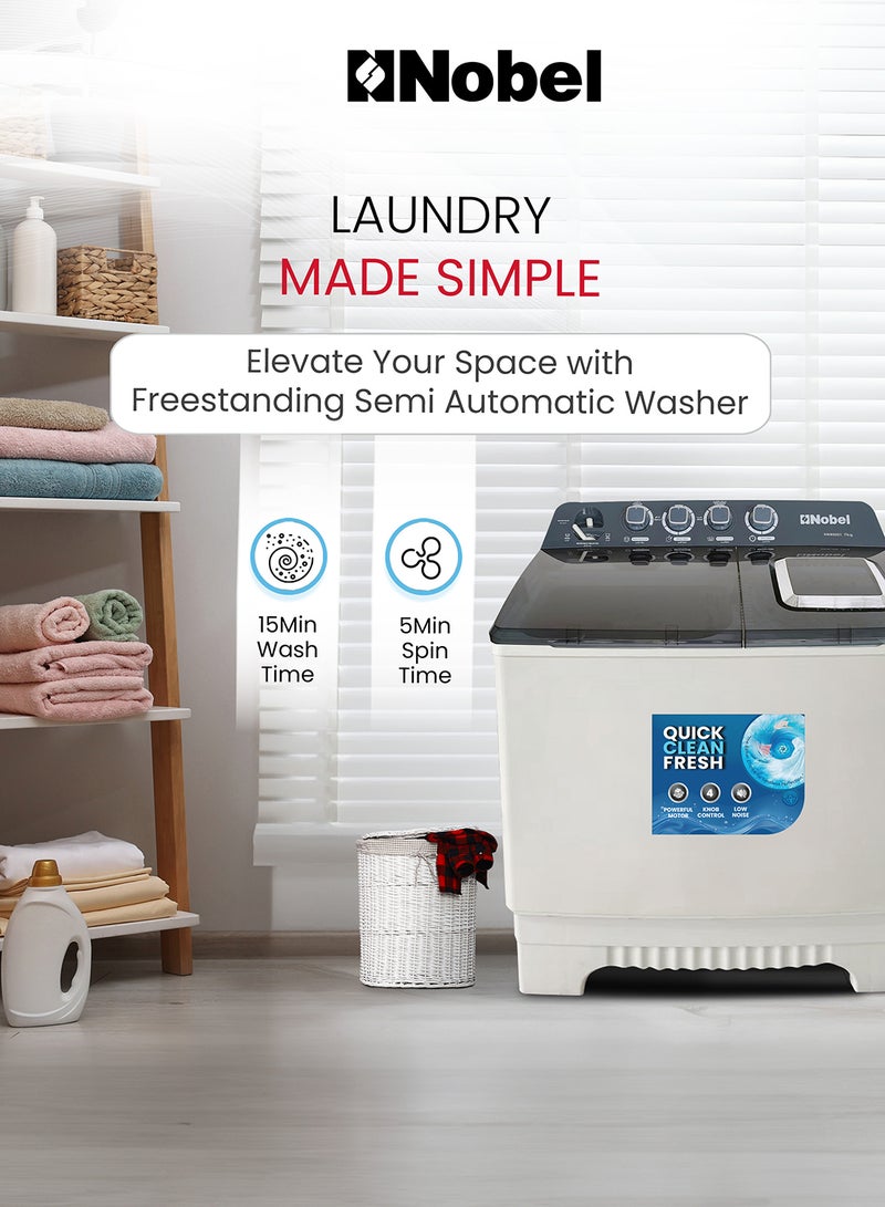 نوبل غسالة شبه أوتوماتيكية بحوضين من الأعلى، ضمان لمدة سنة 7 kg 150 W NWM8001 أبيض - Image 5