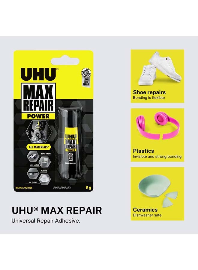UHU Max Repair Extreme Adhesive, Extra Strong And Universal Repair Glue For Almost All Repairs, Indoors And Outdoors, 8 G, Transparent Clear 8grams - Image 2