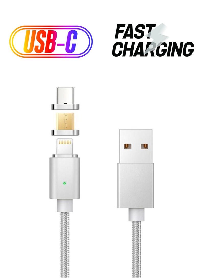 كابل للشحن ومزامنة البيانات 3 في 1 شحن لايتننج لمنتجات أبل، وتايب سي ومايكرو USB فضي