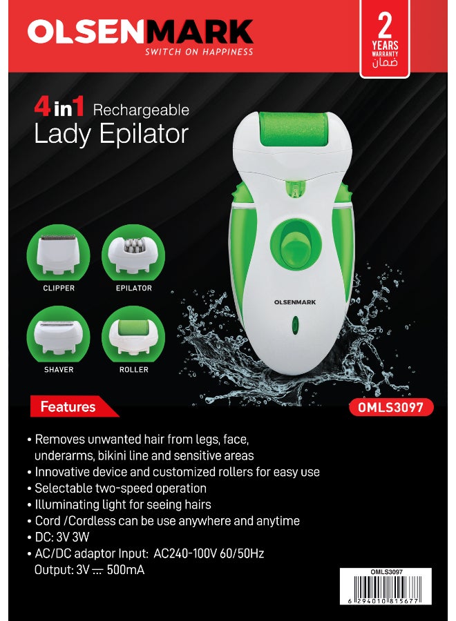 Olsenmark - 4 in 1 Rechargeable Lady Epilator OMLS3097, Cordless Using, Includes Clipper, Epilator, Shaver and Roller 2 Speed Option Green/White - Image 1