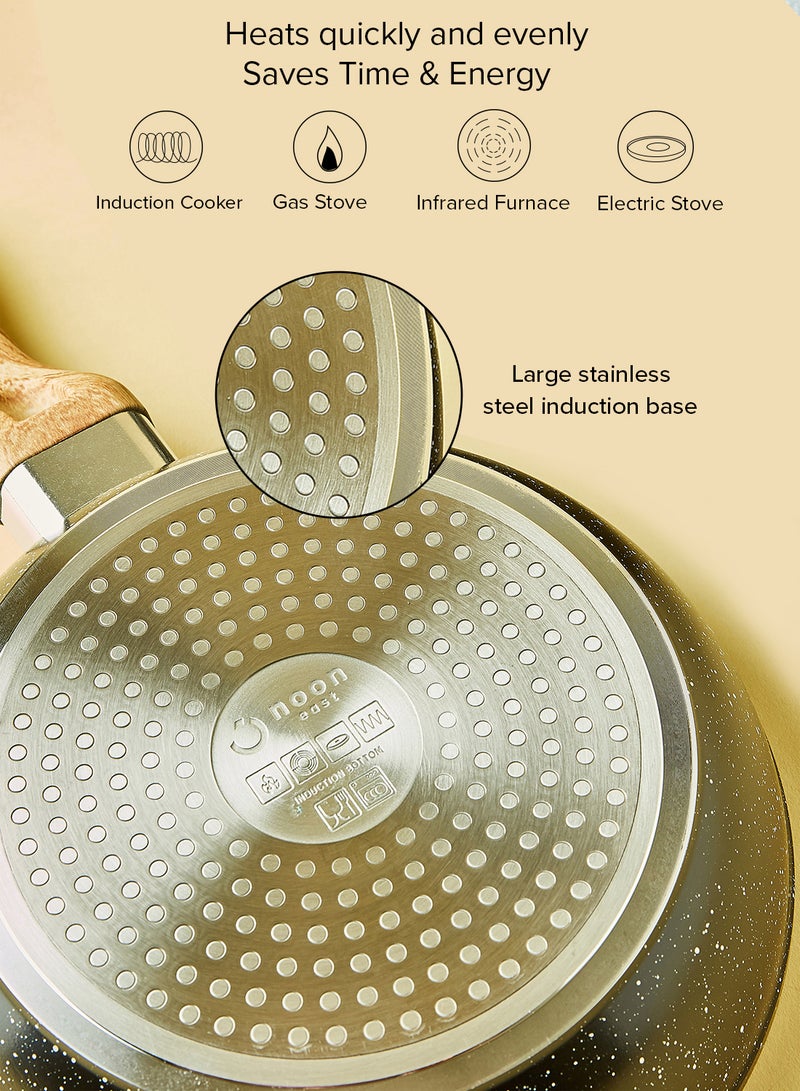 ايست من نون طقم أدوات طهي وقدور ومقالي مطلية بالجرانيت بأسطح مانعة للالتصاق ومقابض خشبية وأغطية من الزجاج المقوى وخالية من حمض بيرفلورو الأوكتانويك مكون من 6 قطع - لون أسود 28X7.5سم أسود - Image 2