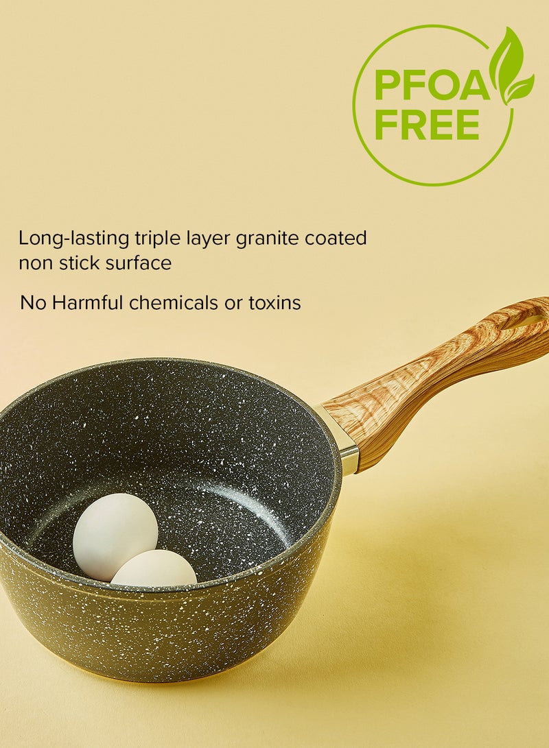 ايست من نون طقم أدوات طهي وقدور ومقالي مطلية بالجرانيت بأسطح مانعة للالتصاق ومقابض خشبية وأغطية من الزجاج المقوى وخالية من حمض بيرفلورو الأوكتانويك مكون من 6 قطع - لون أسود 28X7.5سم أسود - Image 3