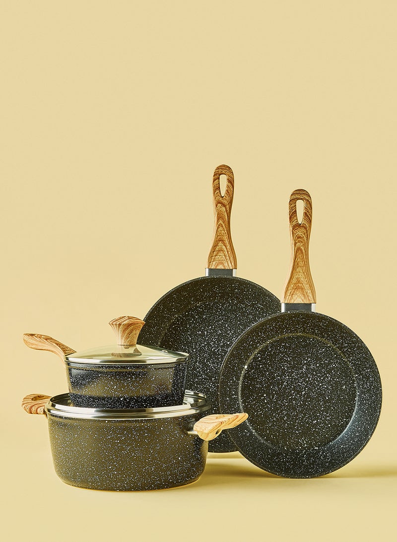 ايست من نون طقم أدوات طهي وقدور ومقالي مطلية بالجرانيت بأسطح مانعة للالتصاق ومقابض خشبية وأغطية من الزجاج المقوى وخالية من حمض بيرفلورو الأوكتانويك مكون من 6 قطع - لون أسود 28X7.5سم أسود - Image 1