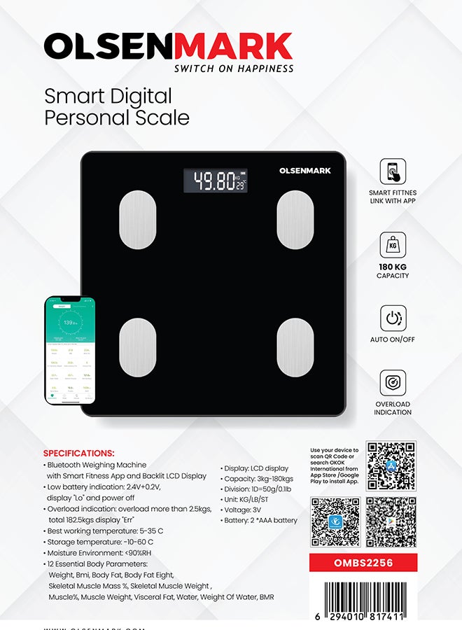 Olsenmark Smart Digital Personal Scale OMBS2256, with Smart Fitness App, Bluetooth Connected, LCD Display, 180 KG Capacity, Perfect for Home, Bathroom, Gym
