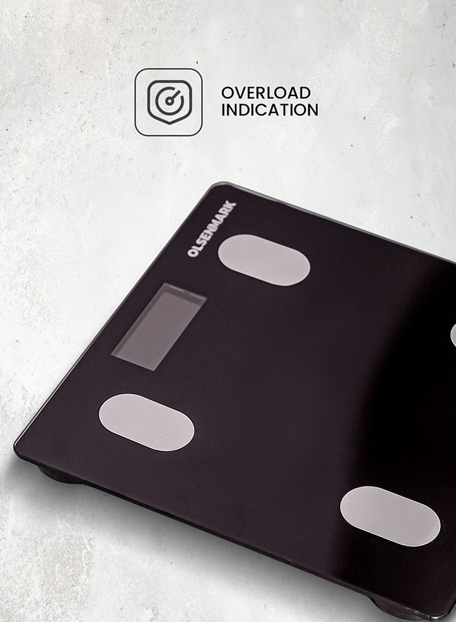 Olsenmark Smart Digital Personal Scale OMBS2256, with Smart Fitness App, Bluetooth Connected, LCD Display, 180 KG Capacity, Perfect for Home, Bathroom, Gym