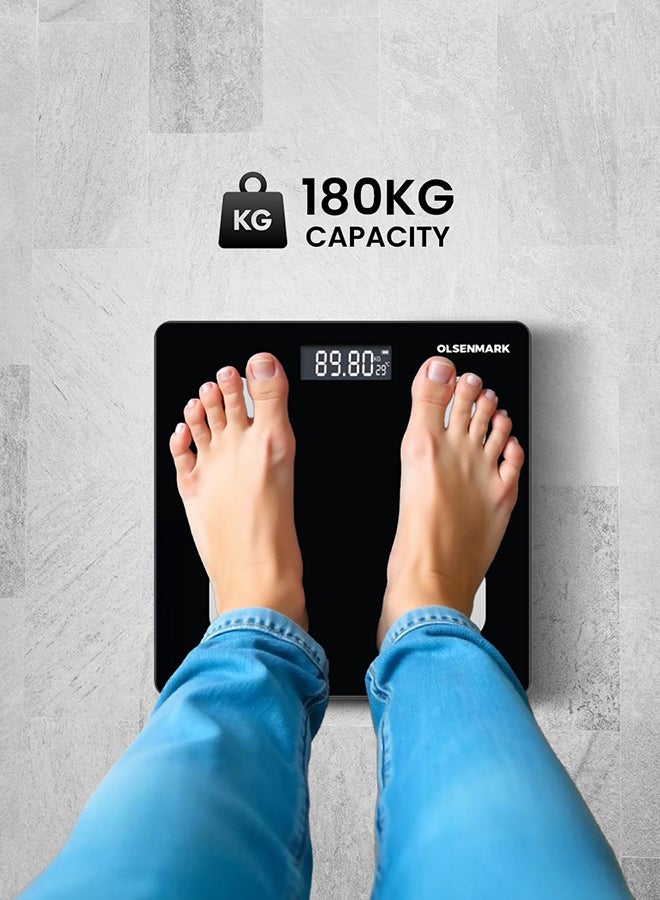 Olsenmark Smart Digital Personal Scale OMBS2256, with Smart Fitness App, Bluetooth Connected, LCD Display, 180 KG Capacity, Perfect for Home, Bathroom, Gym