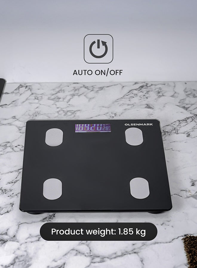 Olsenmark Smart Digital Personal Scale OMBS2256, with Smart Fitness App, Bluetooth Connected, LCD Display, 180 KG Capacity, Perfect for Home, Bathroom, Gym