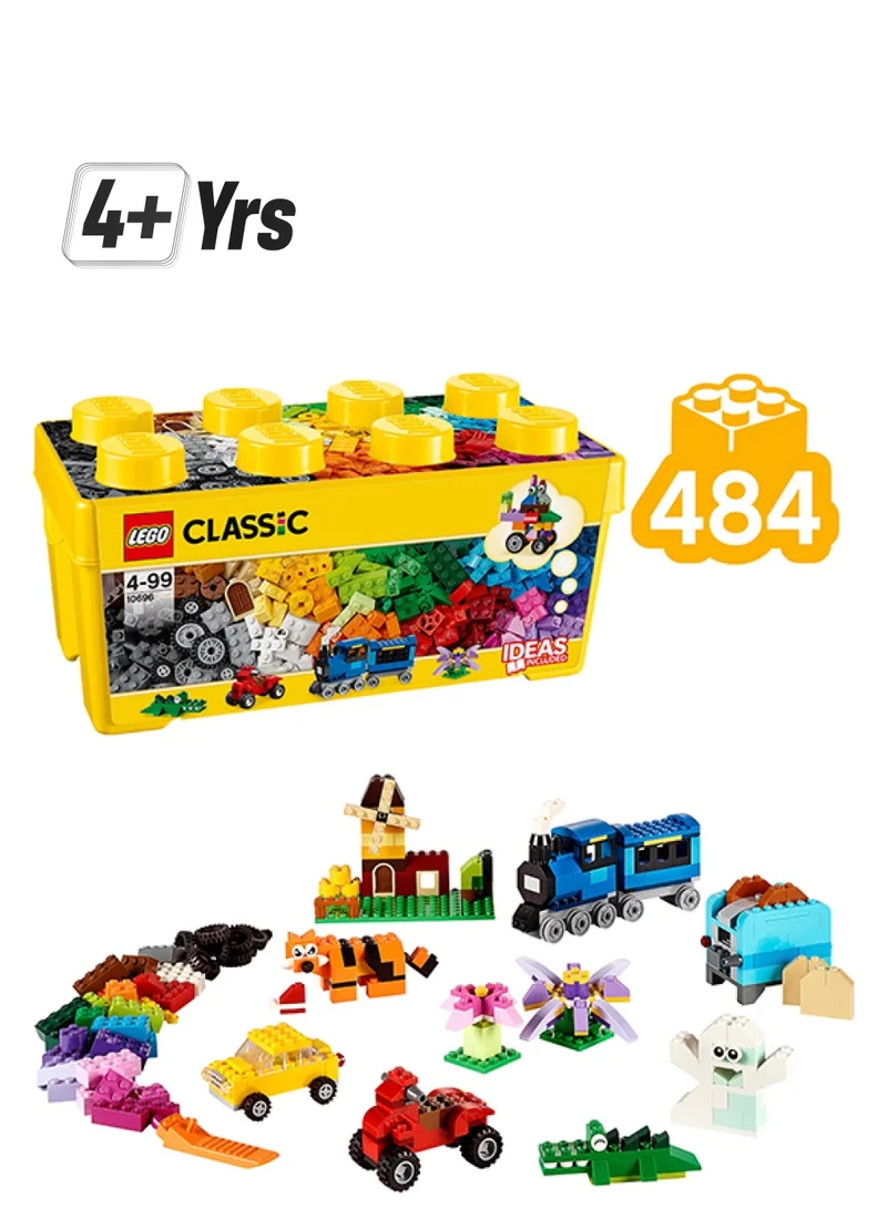 LEGO Classic Medium Creative Brick Box, Easy Toy Storage, Colourful Bricks Building Lego Toy Set, Includes Wheels, Windows, Eyes And A Green Base Plate, Perfect For Kids, Boys & Girls Aged 4 Plus Years Old (484 Pieces) 10696