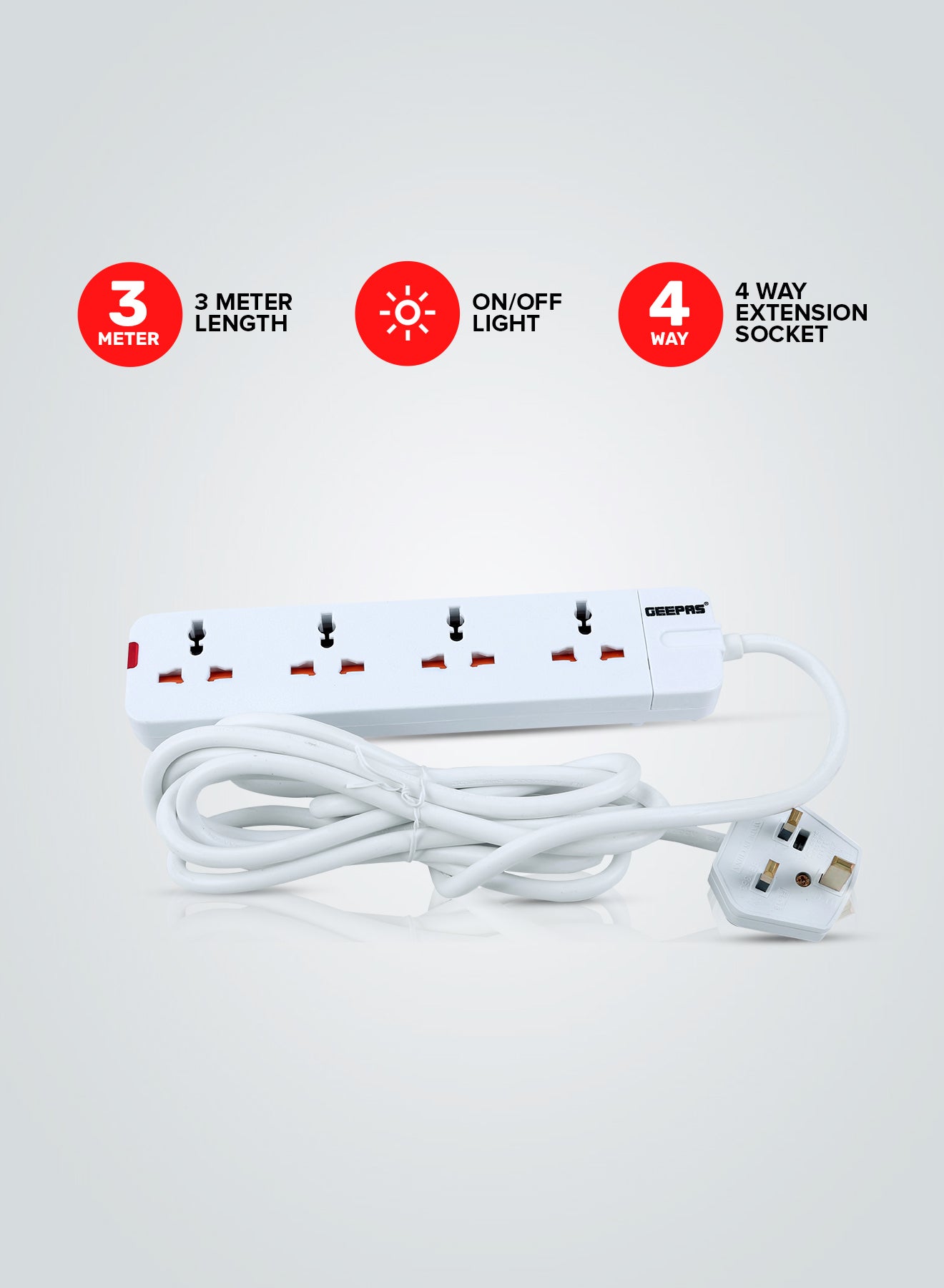 GEEPAS 4 Way Extension Socket 13A - Extension Strip With Led Indicators | Child Safe |Extra Long Cord with Over Current Protected | Ideal For All Electronic Devices White/Orange 35.2x13.4x3.6cm 