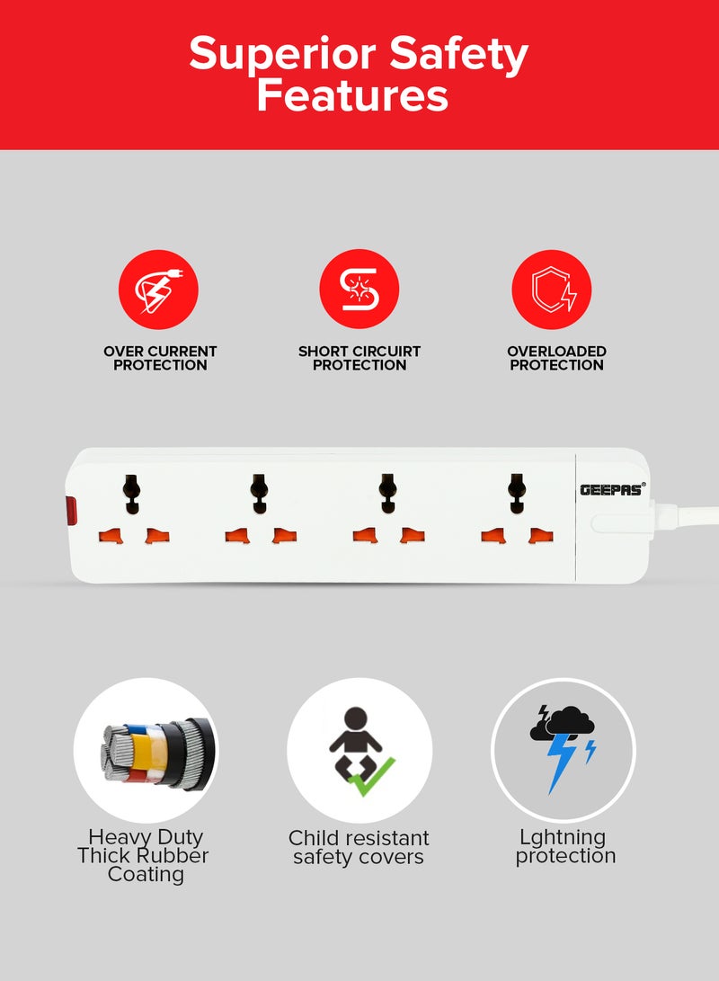 GEEPAS - 4 Way Extension Socket 13A - Extension Strip With Led Indicators | Child Safe |Extra Long Cord with Over Current Protected | Ideal For All Electronic Devices White/Orange 35.2x13.4x3.6cm - Image 1