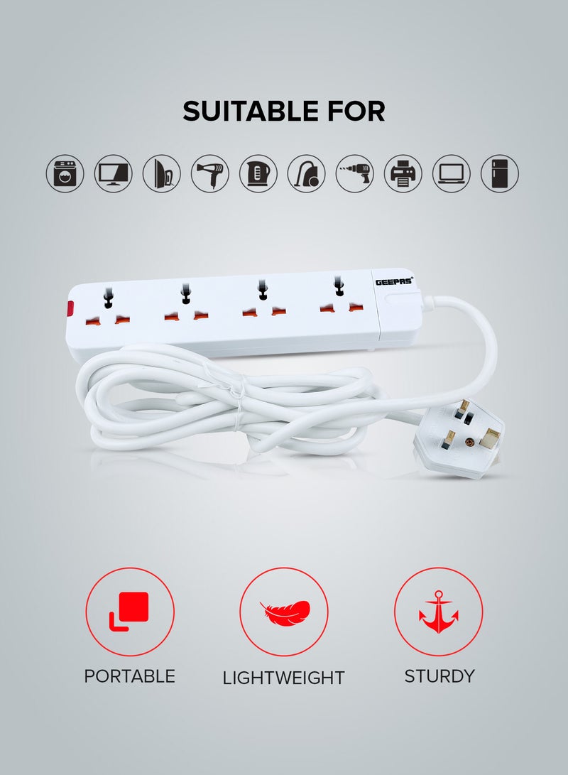 GEEPAS - 4 Way Extension Socket 13A - Extension Strip With Led Indicators | Child Safe |Extra Long Cord with Over Current Protected | Ideal For All Electronic Devices White/Orange 35.2x13.4x3.6cm - Image 1