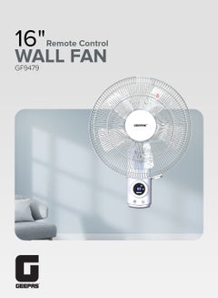 16 Inch Wall Fan With Remote Control 1250 RPM | 60 W 3 Speed Options, 5 Pcs AS Blade| 12 Hours Timer, Wide Oscillation and Oveheat Protection, Durable Metal Grill 60 W GF9479N White