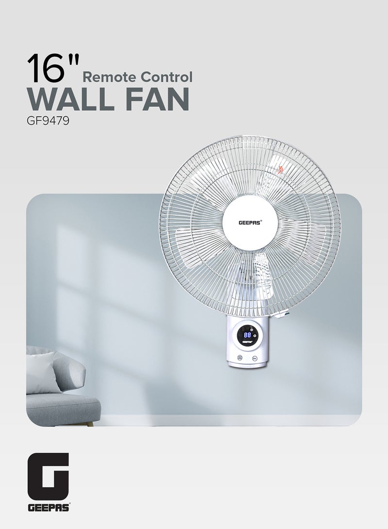GEEPAS 16 Inch Wall Fan With Remote Control,3 Speed Options, 5 Pcs AS Blade, 12 Hours Timer Wide Oscillation and Oveheat Protection Durable Metal Grill 60 W GF9479N Black  - Image 1