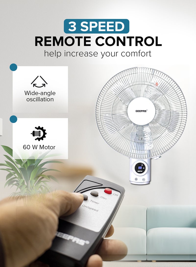 GEEPAS 16 Inch Wall Fan With Remote Control,3 Speed Options, 5 Pcs AS Blade, 12 Hours Timer Wide Oscillation and Oveheat Protection Durable Metal Grill 60 W GF9479N Black  - Image 3