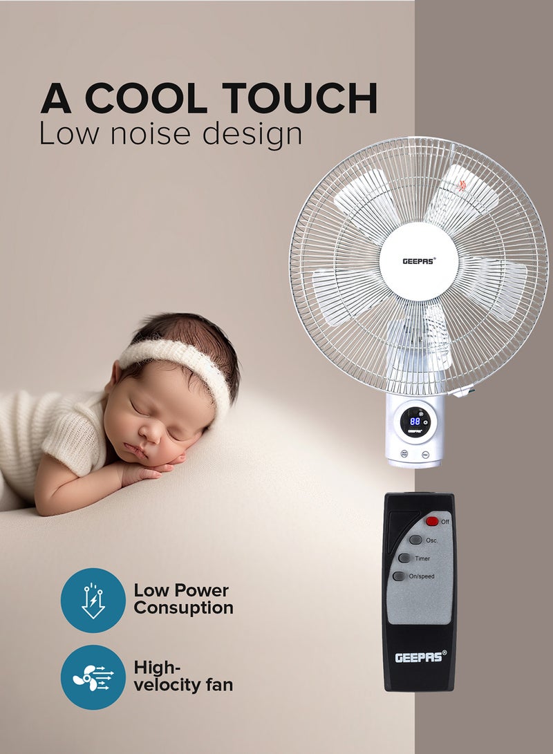 GEEPAS - 16 Inch Wall Fan With Remote Control 1250 RPM | 60 W 3 Speed Options, 5 Pcs AS Blade| 12 Hours Timer, Wide Oscillation and Oveheat Protection, Durable Metal Grill 60 W GF9479N White - Image 1