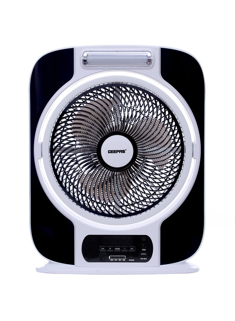 GEEPAS 12'' Rechargeable Box Fan | 40 hours working | 16 Pcs Hi-Power SMD LED Light, Up/Down Tilting, 9 Speed Options, LCD Display, Solar panel Input - USB Fan for Office, Home & Travel Use GF989 Black & White  - Image 1