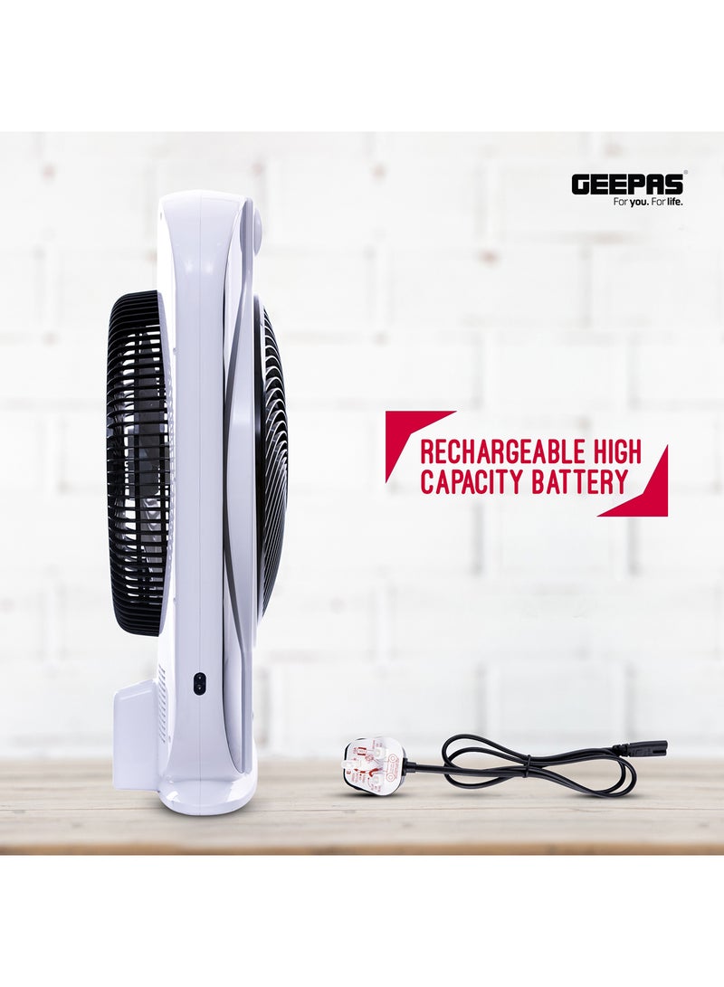 GEEPAS 12'' Rechargeable Box Fan | 40 hours working | 16 Pcs Hi-Power SMD LED Light, Up/Down Tilting, 9 Speed Options, LCD Display, Solar panel Input - USB Fan for Office, Home & Travel Use GF989 Black & White  - Image 5