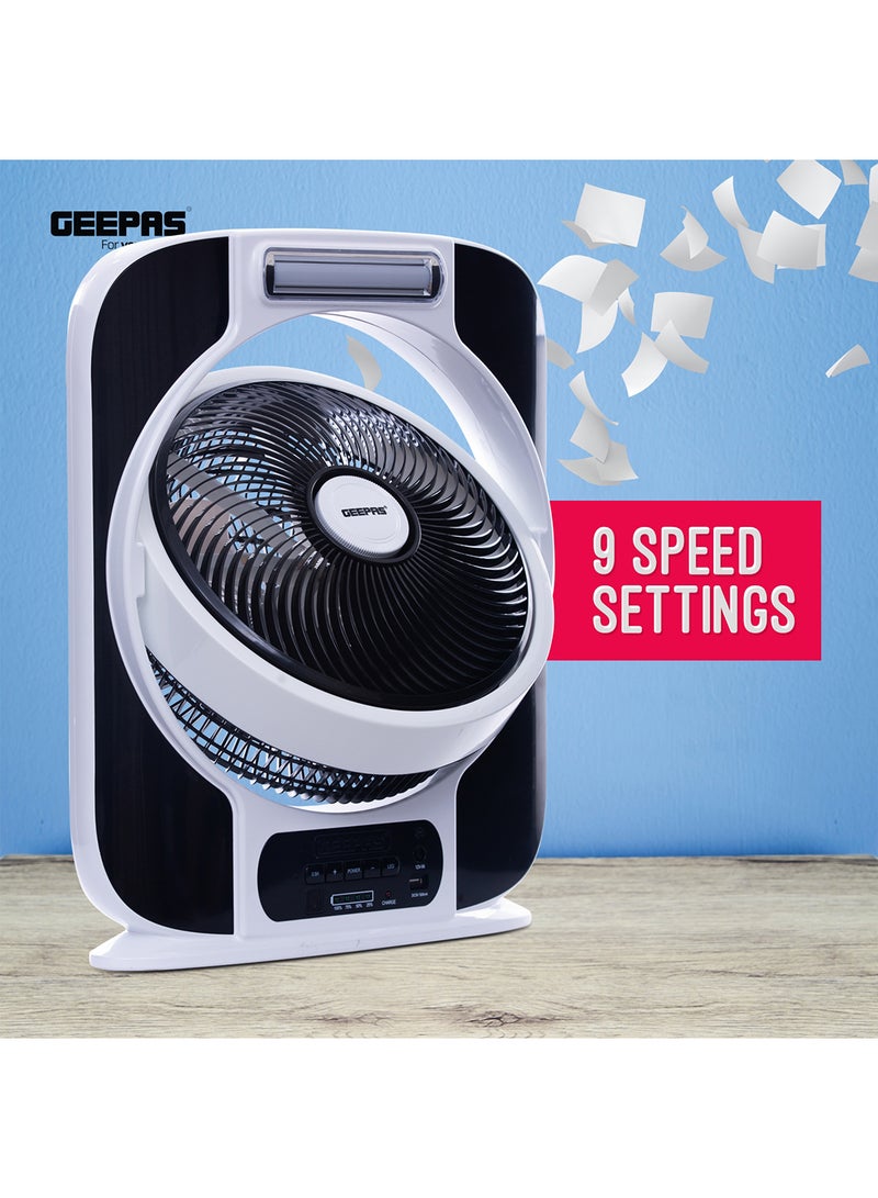 GEEPAS 12'' Rechargeable Box Fan | 40 hours working | 16 Pcs Hi-Power SMD LED Light, Up/Down Tilting, 9 Speed Options, LCD Display, Solar panel Input - USB Fan for Office, Home & Travel Use GF989 Black & White  - Image 3