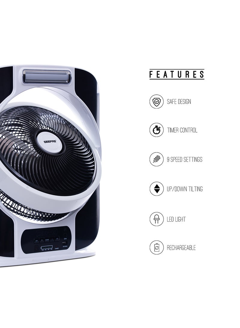 GEEPAS 12'' Rechargeable Box Fan | 40 hours working | 16 Pcs Hi-Power SMD LED Light, Up/Down Tilting, 9 Speed Options, LCD Display, Solar panel Input - USB Fan for Office, Home & Travel Use GF989 Black & White  - Image 2