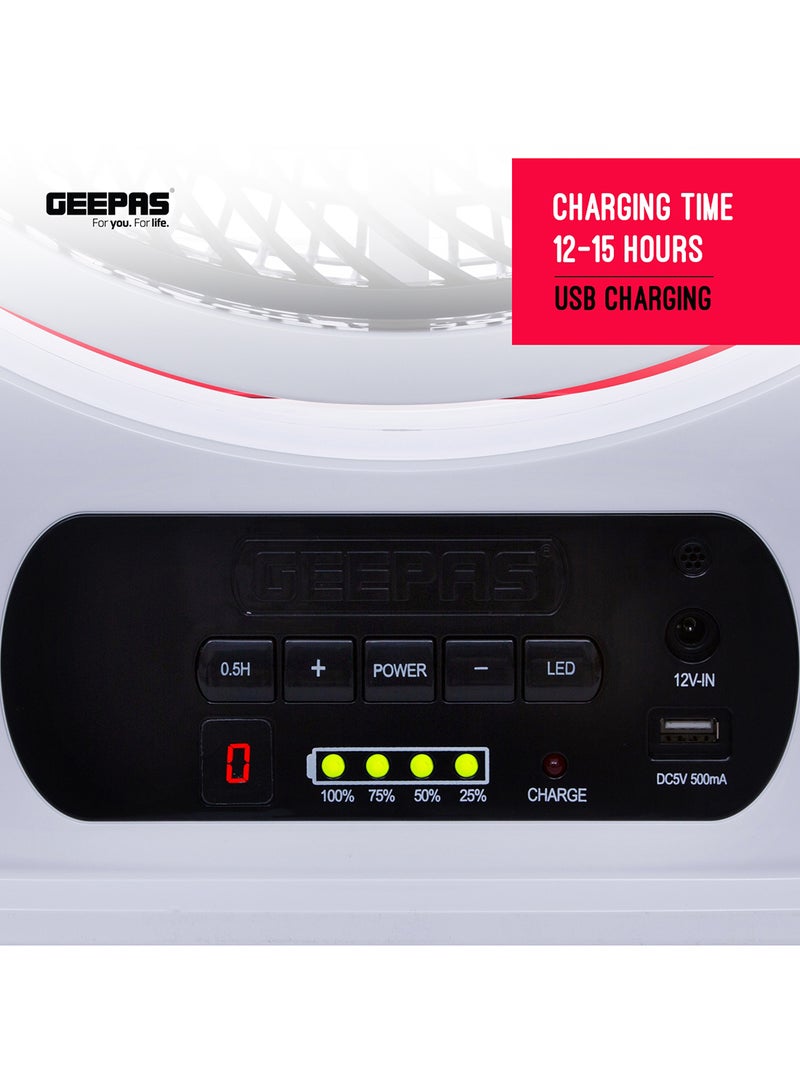 GEEPAS 12'' Rechargeable Box Fan | 40 hours working | 16 Pcs Hi-Power SMD LED Light, Up/Down Tilting, 9 Speed Options, LCD Display, Solar panel Input - USB Fan for Office, Home & Travel Use GF989 Black & White  - Image 4