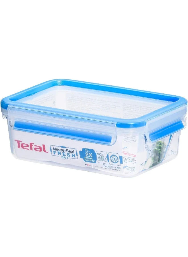 تيفال TEFAL حاوية طعام بلاستيكية Fresh Box | Masterseal 1.0 لتر | حاوية طعام مستطيلة | مانعة للتسرب | آمنة للاستخدام في الميكروويف | خالية من BPA | قابلة للغسل في غسالة الأطباق | مقاومة للصقيع | أزرق | ضمان لمدة سنتين | K3021212 شفاف/أزرق 1لترات
