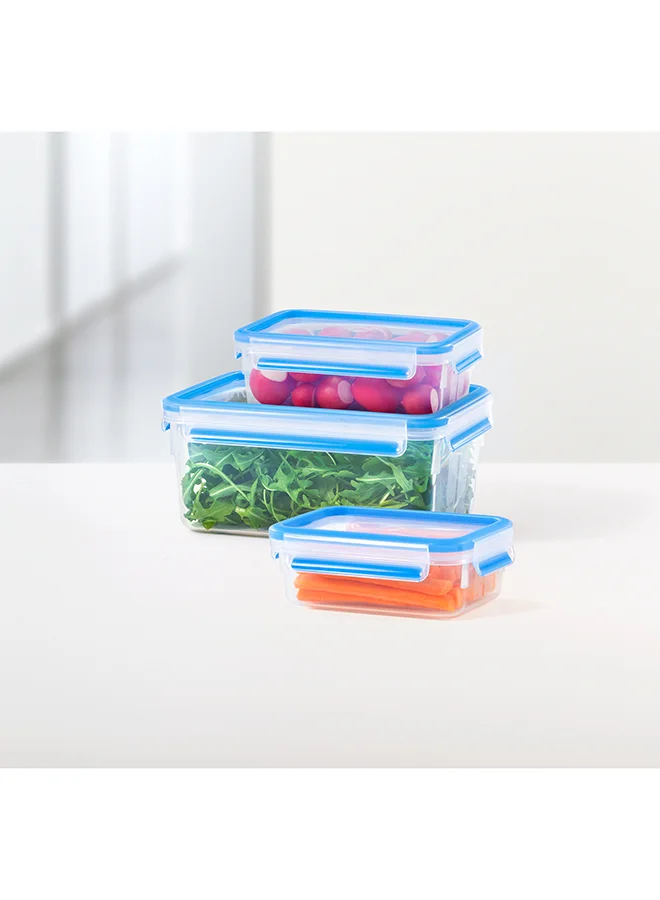 Tefal Food Container | Masterseal Fresh 3 Pcs Set | 0.55+1+2.30 L | Rectangular Food Container | Leak-Proof |Microwave-Safe | Bpa-Free | Dishwasher-Safe | Frost-Resistant | 2 Years Warranty | K3028912 Clear/Blue 550mlx1x2.20 litersLiters