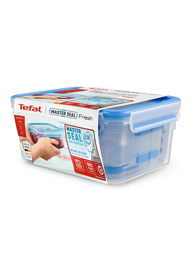 Tefal Food Container | Masterseal Fresh 3 Pcs Set | 0.55+1+2.30 L | Rectangular Food Container | Leak-Proof |Microwave-Safe | Bpa-Free | Dishwasher-Safe | Frost-Resistant | 2 Years Warranty | K3028912 Clear/Blue 550mlx1x2.20 litersLiters